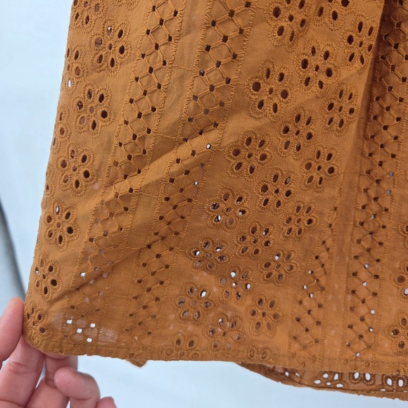 Madewell Eyelet Blouse XS Mustard Yellow Tie Neck Puff Sleeve Boho Eclectic - Picture 2 of 7